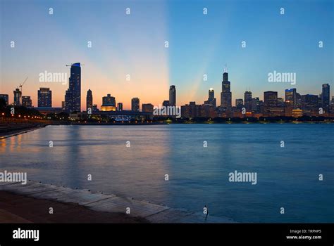 Chicago Skyline At Sunset Chicago Illinois United States Stock Photo