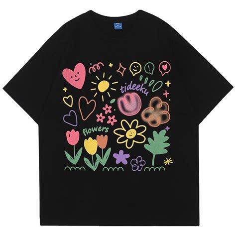 Hip Hop Harajuku T Shirt Streetwear Cartoon Flowers Printed T Shirt