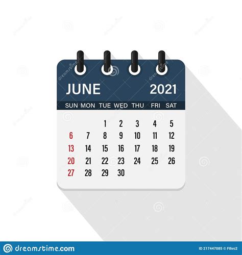 June 2021 Calendar Icon With Shadow Day Month Year Flat Vector