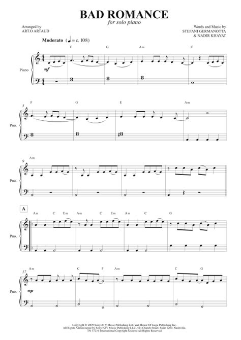 Bad Romance Sheet Music Lady Gaga Piano Chords Lyrics