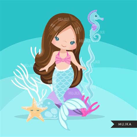 Mermaid Undersea Clipart Pastel Sea Animal Graphics Card Etsy Cute