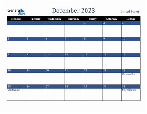 December 2023 United States Monthly Calendar With Holidays