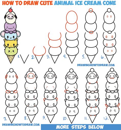 How To Draw Cute Kawaii Animals Stacked In Ice Cream Cone Easy Step By