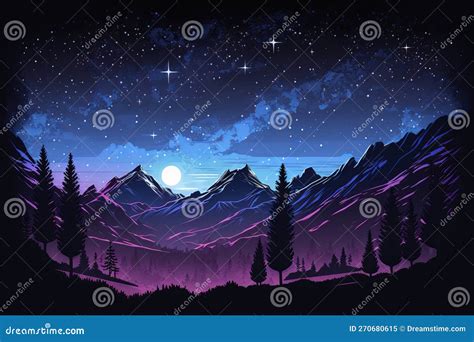 Blue And Purple Landscape With Silhouettes Of Mountains Hills And