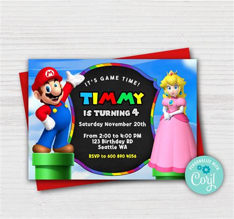 Super Mario Bros Invitación De Cumpleaños Digital Mario Peach Etsy