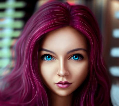 Garota cabelos longos arte olhos azuis lábios rosto ruiva