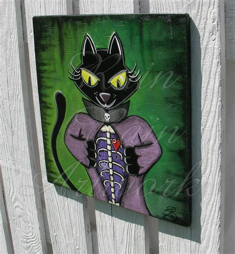 Halloween Black Cat Original Funky Folk Art Painting Unique Etsy