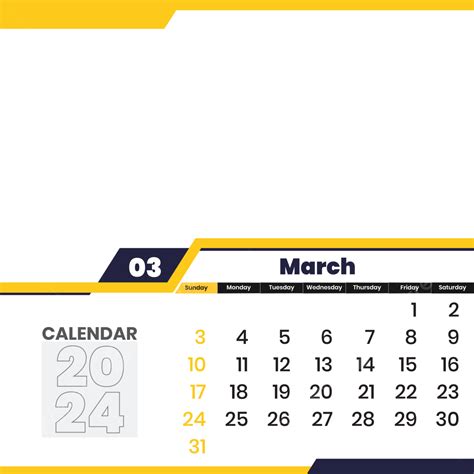 Design De Calendário Mensal De Março De 2024 Com Transparência Vetor