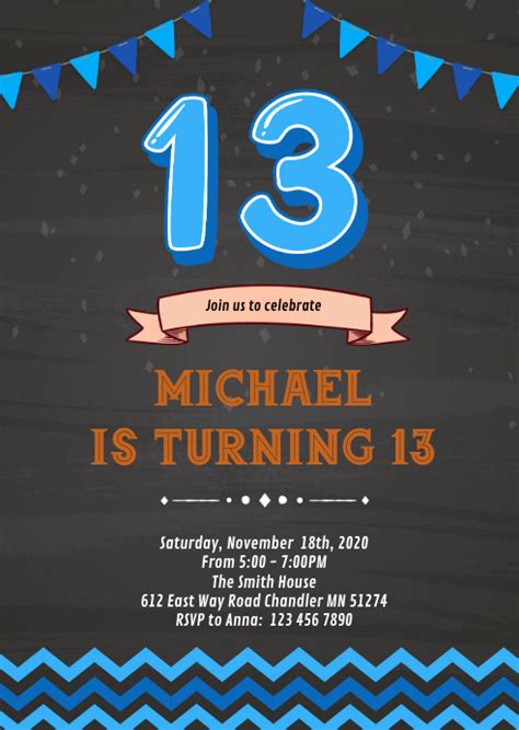 Boy 13th Birthday Invitation Template Postermywall