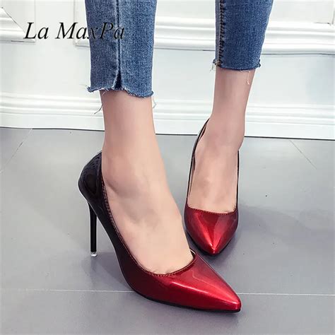 la maxpa 2018 women pump dress shoes autumn spring pointed toe gradient patent leather super