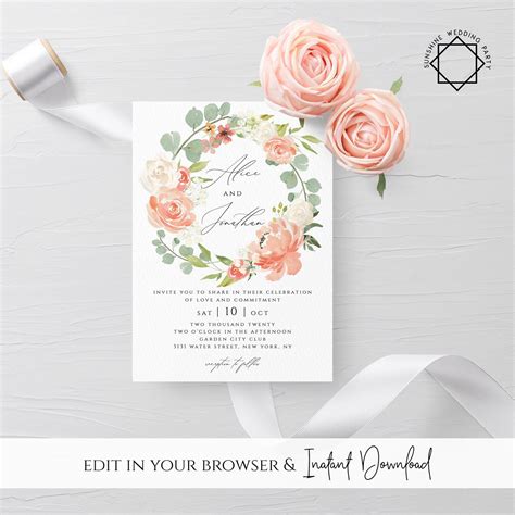 Peach Floral Wedding Invitation Template Printable Editable Etsy