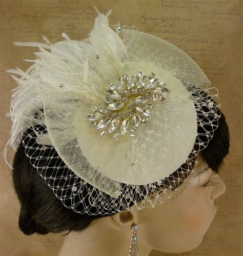 Full Birdcage Veil Bridal Hat Ivory Feather Fascinator Bridal