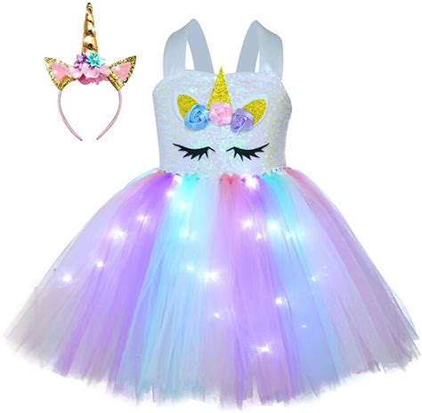 Girls Princess Unicorn Costume Fancy Dress Kids Led Light Flowers