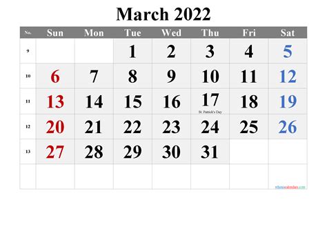 Printable March 2022 Calendar With Holidays Template Notr22m63