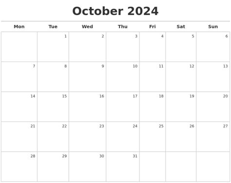 Oct 2024 Calendar 2024 Calendar Printable