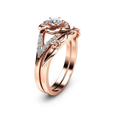 14k Rose Gold Engagement Ring Set Natural Diamond Rings Flower Etsy