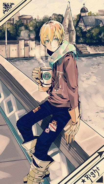 An Anime Character Sitting On A Ledge With A Cup Of Coffee In His Hand