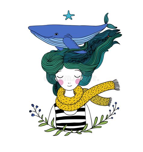 Beautiful Young Girl Sailor With A Whale In Her Hair Sea Animals Hand