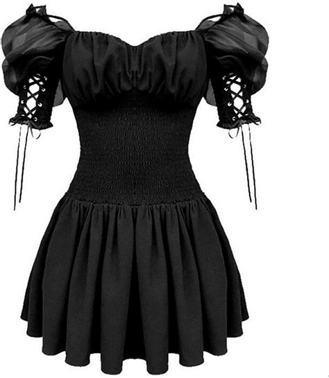 Women Gothic Black Dress Streetwear Lace Up Sleeve Slash Neck Retro