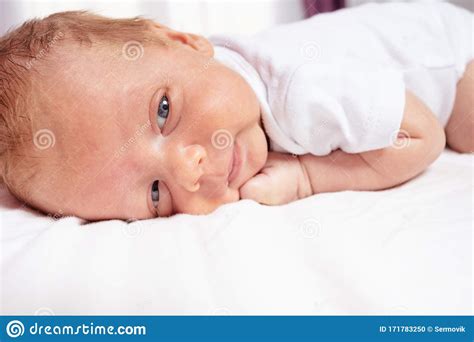 Close Portrait Of Newborn Baby Boy Lay On Belly Stock Photo Image Of