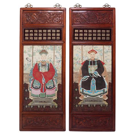 Pair Chinese Ancestor Portraits In Gilt Bamboo Form Frames At 1stdibs
