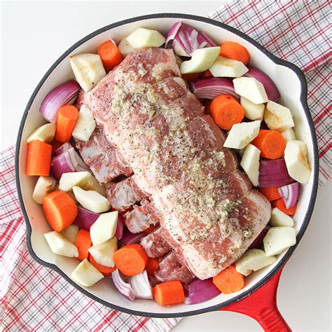 Add veggies all around it in one layer, tent pork with foil, then continue to cook. One Pot Oven Roasted Bone In Pork Rib Roast with Vegetables - A Pretty Life In The Suburbs ...