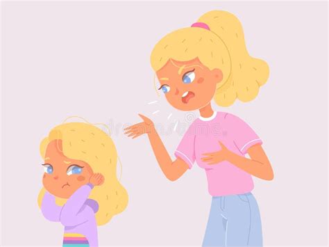 Angry Mother Scolding Sad Kid Furious Woman And Girl Standing Together For Anger Dialog Stock