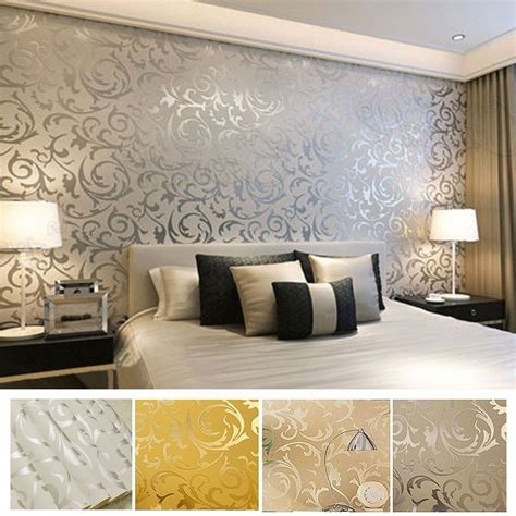 Silver Feature Wall Bedroom Victorian Damask Luxury Luxury Bedroom