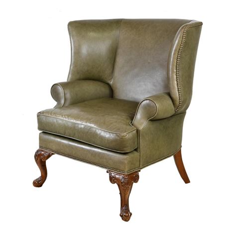 Vintage leather wingback arm chairs nailhead trim club. Large Vintage Wingback Armchair with Sage-Green Leather ...