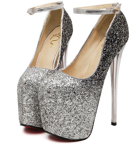 silver glitter bling bling platforms stiletto wine glass super high heels shoes