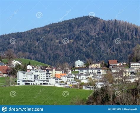 View Of The Small Picturesque And Modern Swiss Subalpine Settlement Of
