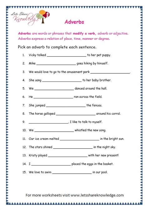 An adverb can also be placed away from the verb. Grade 3 Grammar Topic 16: Adverbs Worksheets - Lets Share ...