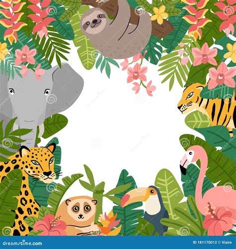 Tropical Frame With Animals And Plants Stock Vector Illustration Of