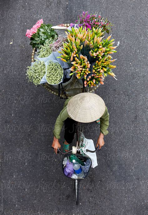 Overlooking The Streets Of Women Selling Flowers Vietnam Hanoi By