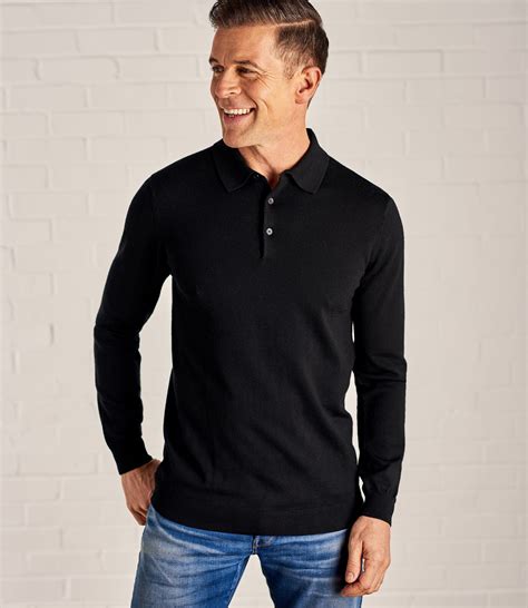 Black Mens Luxurious Merino Long Sleeve Polo Shirt Woolovers Us