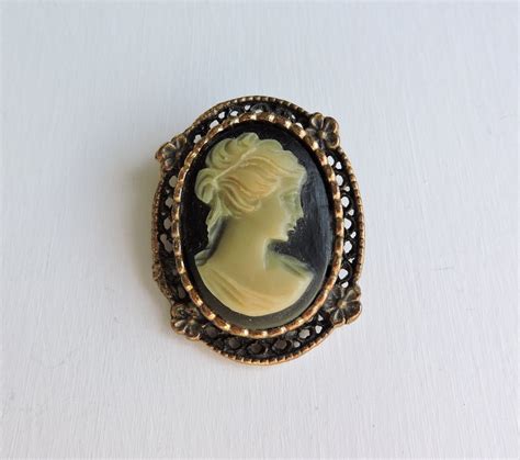 Vintage Black Cameo Brooch Ornate Framed Cameo Carved Resin