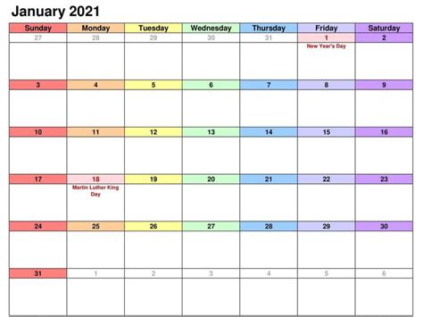Fillable January 2021 Calendar Excel Calendar Template Monthly