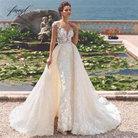 Luxury Detachable Train Lace Mermaid Wedding Dresses Elegant Scoop Nec