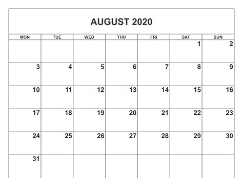 August 2020 Calendar Word Monthly Calendar Template Calendar