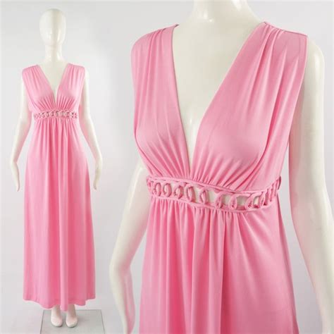 1970s Maxi Dress Cut Out Plunge Dress Pink Evening Go Gem