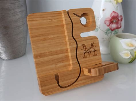 Bamboo Wood Phone Docking Station With Samsung Watch Charging Etsy In