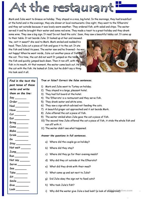 Past Simple Tense Practice At The Restaurant English Esl Worksheets
