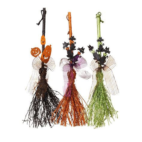 Halloween 3pc Witch 36 Tall Broom Set Holiday Glitter Decor Real Wood