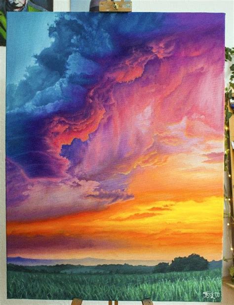 Oil Painting On Canvas Stormy Clouds Colorful Sunset Landscape