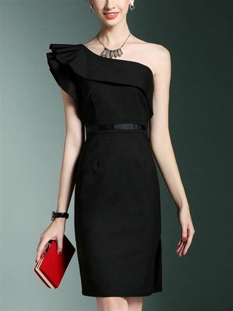 Black One Shoulder Ruffled Midi Dress Midi Ruffle Dress Trendy Dresses Casual Cocktail Dress