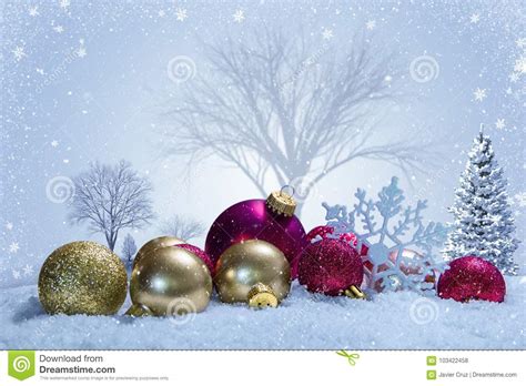 Christmas Scene With Ornaments And Snow Stock Photo Image Of Card