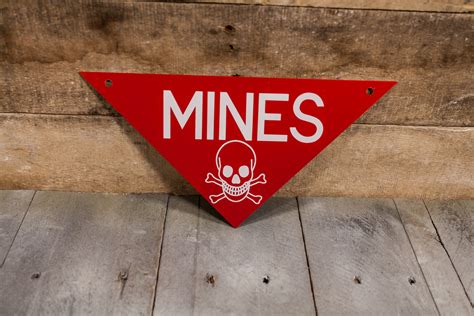 Vintage Us Military Mines Sign Land Mine Sign Militaria Red White Skull