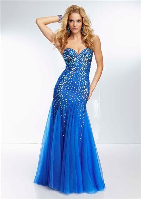 Unique Mermaid Sweetheart Neckline Long Royal Blue Tulle Beaded Crystal