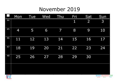 Of the month january february march april may june july august september october november december. Printable Monthly Calendar 2019 November Week Day Starts ...