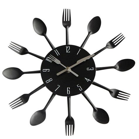 Large Wall Clock Modern Design Sliver Cutlery Kitchen Utensil Wall